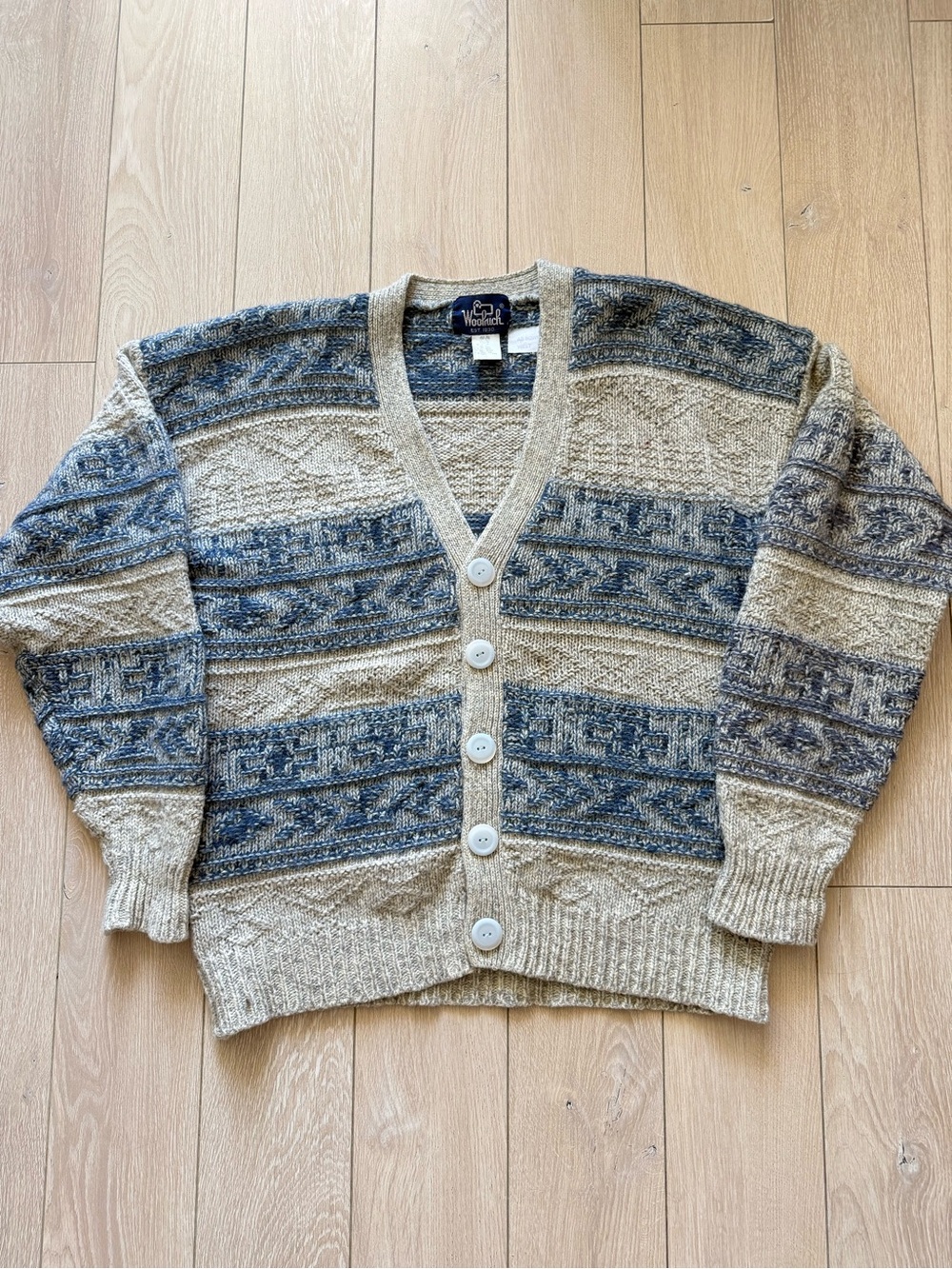 Vintage Woolrich Men’s Textured Color Work Cardigan Blue & Gray Size Large